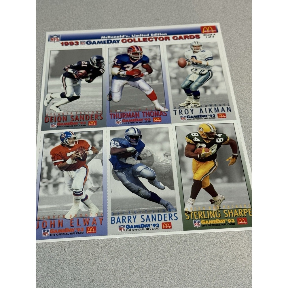 1993 McDonalds NFL GameDay A 1of3 Uncut Sheet Elway, Aikman,‎ Deion Beery